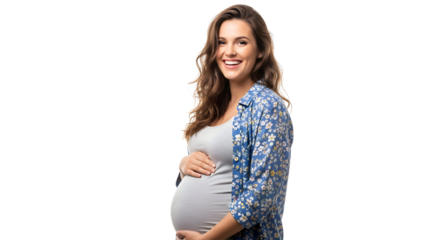 Joyful expectant mother radiant with happiness, gently cradling her baby bump in a beautiful moment of anticipation and love