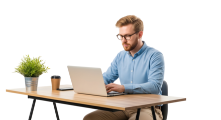 Focused young professional working diligently on a laptop at a modern wooden desk, showcasing productivity and a connected digital lifestyle for remote work