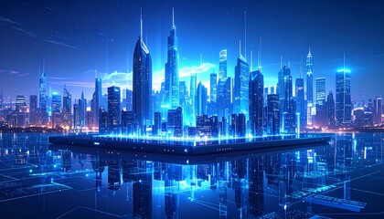 Futuristic city skyline on a tablet