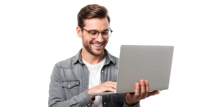 Happy young man wearing glasses joyfully engaged with his portable computer, illustrating modern connectivity and efficient digital interaction for various daily tasks