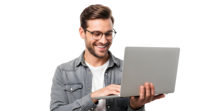 Happy young man wearing glasses joyfully engaged with his portable computer, illustrating modern connectivity and efficient digital interaction for various daily tasks