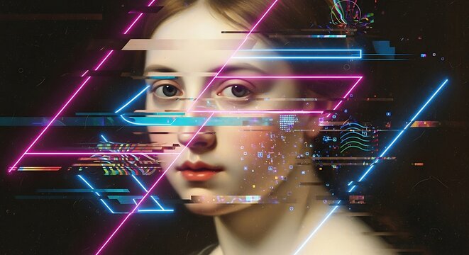A classical portrait of a woman is digitally distorted with neon lines and glitch effects, blending old and new aesthetics.