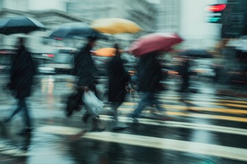 Blurred Motion of Pedestrians with Colorful Umbrellas Crossing a Rainy City Street, Creating a Dynamic and Atmospheric Urban Scene Perfect for Wallpaper or Urban Life Visual Projects