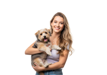 A cheerful young woman lovingly holds her adorable fluffy dog, sharing a moment of pure joy and companionship on a clean white background