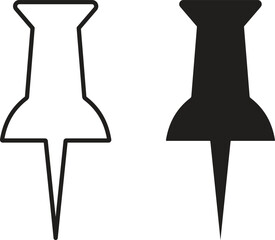 Push pin icon set in solid outline flat style. design isolated on white background. needle, pinned, attach, and note symbol. thumbstick, Paperclip.
