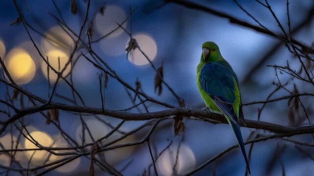 A striking parrot silhouette with a vibrant green halo effect, perched on a dry branch at dusk.