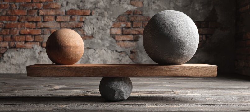 Wooden seesaw with two stones, balanced