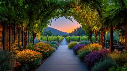 Obraz premium A romantic vineyard arbor adorned with wine-colored dahlias and greenery, sunset glow enhancing the rich tones, intimate and luxurious vibe