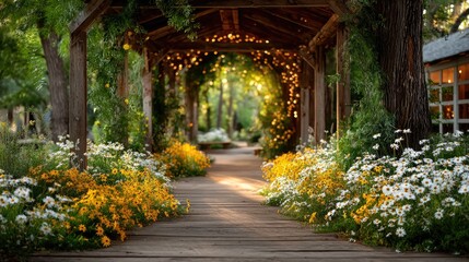 Obraz premium A rustic wooden arbor adorned with wildflowers and greenery, glowing sunset casting long shadows, soft bokeh lights in the background, intimate and romantic