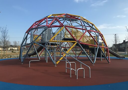Colorful Geodesic Dome Climber on a Safe Playground Surface Under a Clear Blue Sky Playful Outdoor Fun for Children
