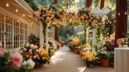 A whimsical floral arbor with mixed blooms in soft pinks and creams, glowing sunset casting a warm halo effect, ethereal and joyful wedding moment