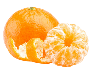 Mandarin Orange Spiral Peel Beside Whole Fruit, creative composition, isolated on transparent background PNG