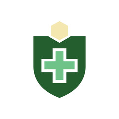Green shield with white cross and yellow hexagon on top.