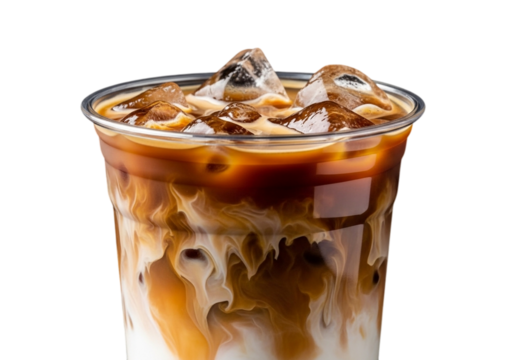 Iced coffee with cream and ice isolated on transparent background