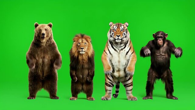 Majestic Wild Animals Standing on Green Screen: Bear, Lion, Tiger, Chimpanzee