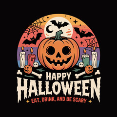 2d vector illustration Halloween t shirt icon design items ghost character Candles in carved pumpkin 