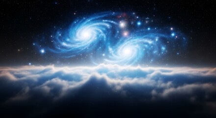 Celestial Dance: Two Spiral Galaxies above a Cloud Sea