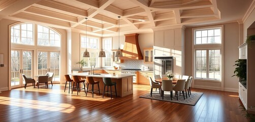Sunlit kitchen-living space, hardwood floors, coffered ceiling, large windows,  luxury,  home decor