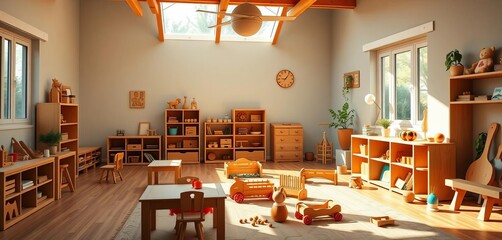 Sunlit Montessori classroom, vibrant wooden toys &amp; games, wooden toys, play based learning