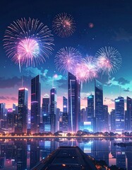 Obraz premium Cityscape at Dusk Under a Sky Bursting with Fireworks, Modern City at Night with Fireworks Reflecting in the Water