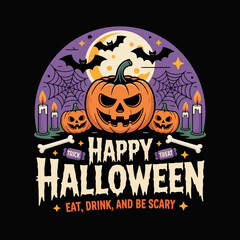 2d vector illustration Halloween t shirt icon design items ghost character Candles in carved pumpkin 