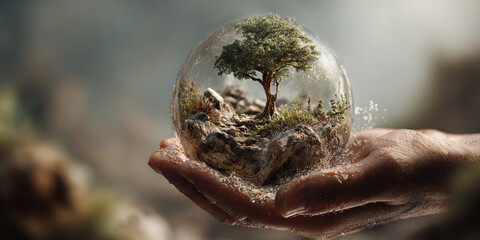 Obraz premium Hand holding glass sphere with miniature tree - AI generated
