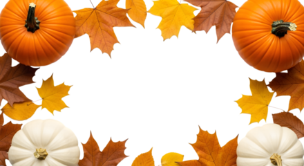 Autumn frame with pumpkins and colorful fall leaves, isolated on transparent background