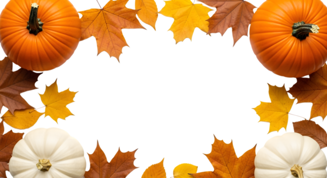 Autumn frame with pumpkins and colorful fall leaves, isolated on transparent background - Powered by Adobe