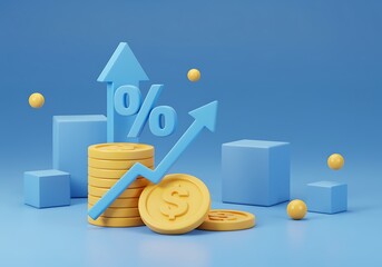 Financial growth concept with rising percentage and dollar sign coins for investment and business success on blue background