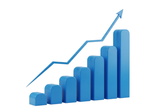 Blue bar graph with upward trending line isolated on transparent background
