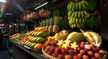 A vibrant and abundant display of fresh tropical fruits at an outdoor market stall, featuring bananas, pineapples, mangoes, durian, and rambutan.