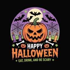 2d vector illustration Halloween t shirt icon design items ghost character Candles in carved pumpkin 