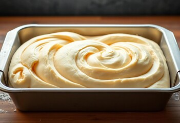 Fototapeta premium Swirled bread dough in rectangular baking tin, ready for oven, photography, process