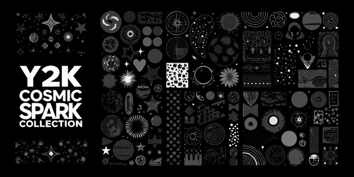 Y2k cosmic spark collection of retro futuristic abstract graphic elements and symbols