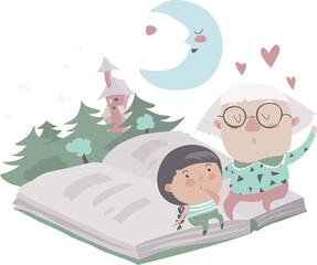 Grandmother tells a fairytales to her granddaughter. Vector illustration
