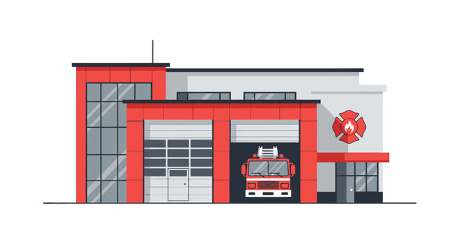 Fire Station with a Fire Truck Inside - Modern Architecture and Emergency Services