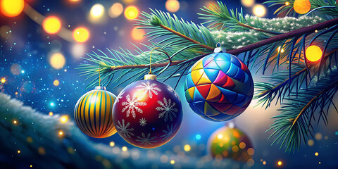 Festive Christmas Ornaments Sparkling on Evergreen Branches against a Bokeh Backdrop Creating a Magical Holiday Ambiance