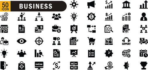 Business editable black fill icon set. Finance, office, teamwork, strategy, growth and more.
