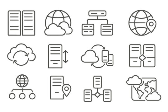 Data Center Icons. Line style icons of data centers and regions: server room icon, globe with clouds, availability zone icon,