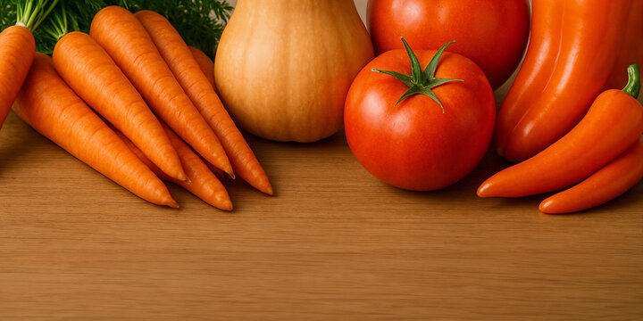 Close up of large orange vegetables background with carrot tomato bell pepper chili and squash on wooden table vegan organic food