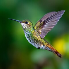 Fototapeta premium Macro close up of hummingbird feeding mid flight wings frozen in high detail vibrant green backdrop blurred softly