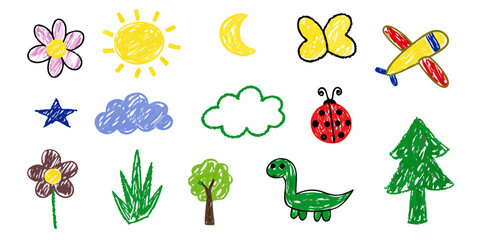 Collection of colorful crayon drawings of nature elements and animals for children