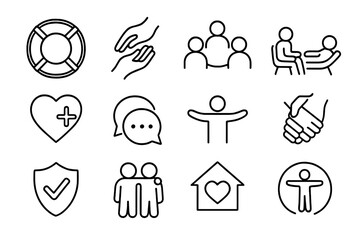 Support Care Icons. Line style icons of supportive care: lifebuoy, helping hand, support group, therapy session; heart with plus,