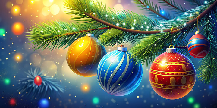 Festive Christmas Ornaments Adorning a Pine Branch with Sparkling Lights A Heartwarming Holiday Scene