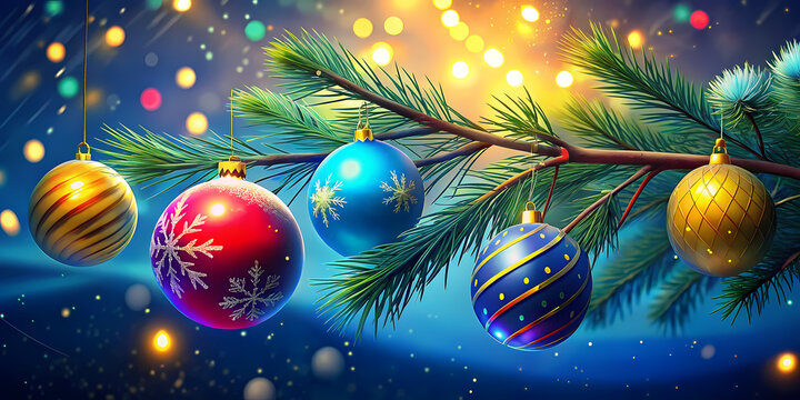Festive Christmas Ornaments Adorning a Pine Branch with Bokeh Lights Sparkling in the Background