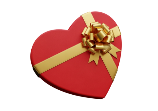 Red heart shaped gift box with gold ribbon isolated on transparent background