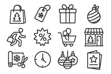 Festive Shopping Icons. Line style icons of festive shopping: holiday bag, seasonal tag, gift box, festive decor; shopping rush,