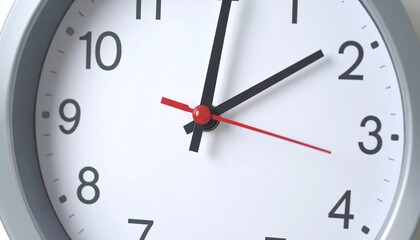 A close-up shot showcases a round analog device with a white face and black numerals. The hands indicate it is a few minutes after two o'clock, with a silver frame. Red second hand adds detail