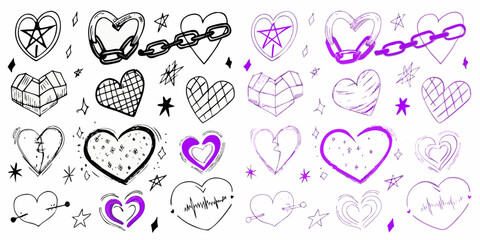 Collection of hand drawn heart doodles and symbols in black and purple with various designs and textures