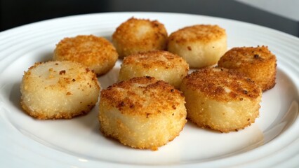 Fototapeta premium Deliciously fried potato cakes arranged on a white plate